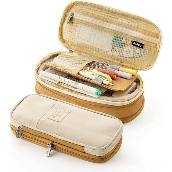 TOOAD Trousse scolaire, trousse à crayons grande capacité sac à crayons scolaire sac de rangement de papeterie sac cosmétique, Kaki