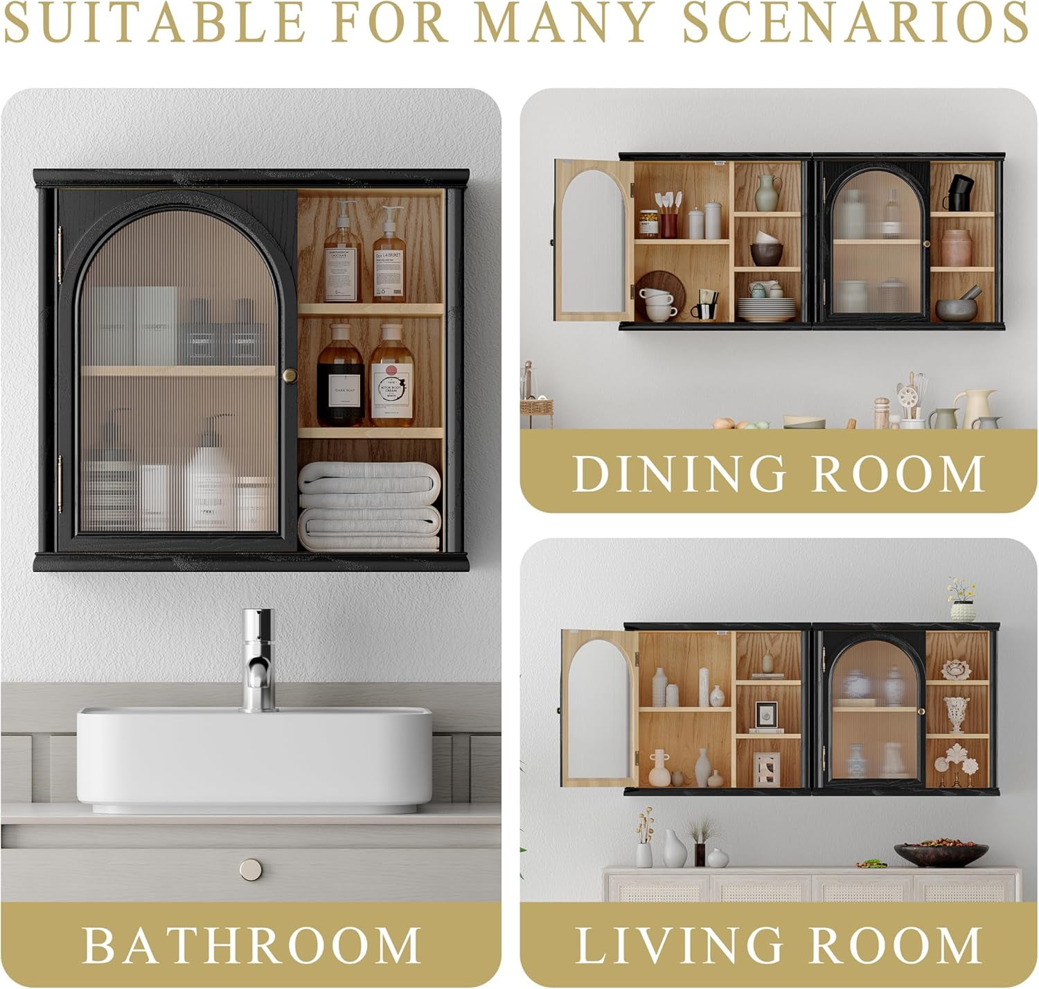 ANHDAH Bathroom Wall Cabinet Over Toilet with 2-Door & Adjustable Shelf, Solid Wood Medicine Cabinet for Kitchen Living Room, Black