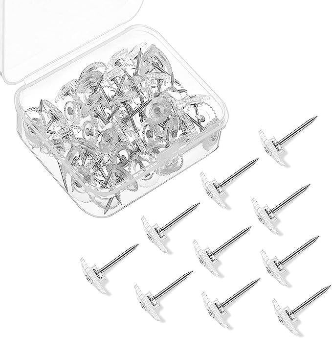 Tutuviw Clear Thumb Tacks for Wall Hangings Plastic & Gear Push Pins 100 Count Cork Board Flat