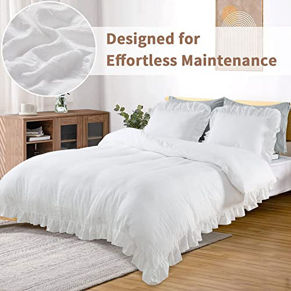 AOILE Ruffle Duvet Cover Set – 3PCS Soft Washed Microfiber, Vintage French Country Bedding, Twin/Queen/King