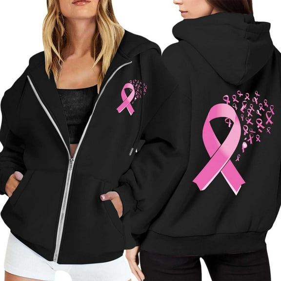 Zip Up Hoodie Women Cropped Hoodie Casual Sporty Look Women's Zip Up Hoodie Pullover Cancer Awareness Month Long Sleeve Pocket Drawstring Casual Sweatshirt For Everyday Wear