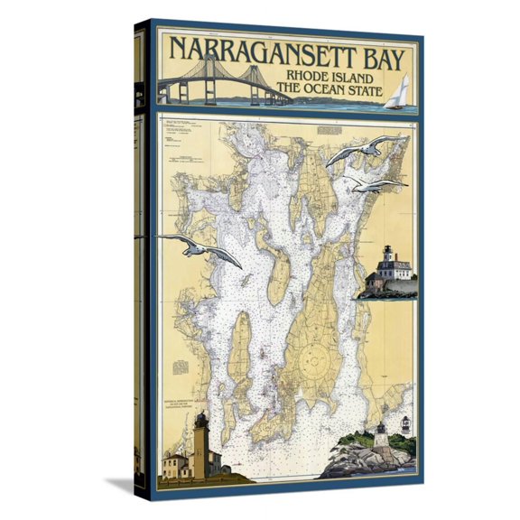 Art.com Narragansett Bay, Rhode Island Nautical Chart Stretched Canvas Print Wall Art by Lantern Press, 12" x 18"