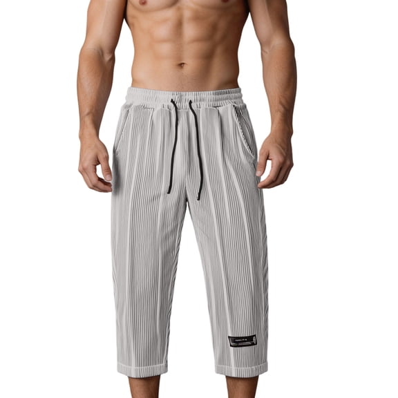 TKKCS Mens Casual Textured Capri Pants- Summer Elastic Waist Drawstring Loose Fit Capris With Pockets Gray Size XL