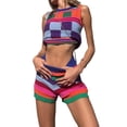 thumbnail image 2 of Women Knitted Shorts Set, Plaid Vest with Elastic Waist Stripes Shorts Summer Outfit for Party Club, 2 of 10
