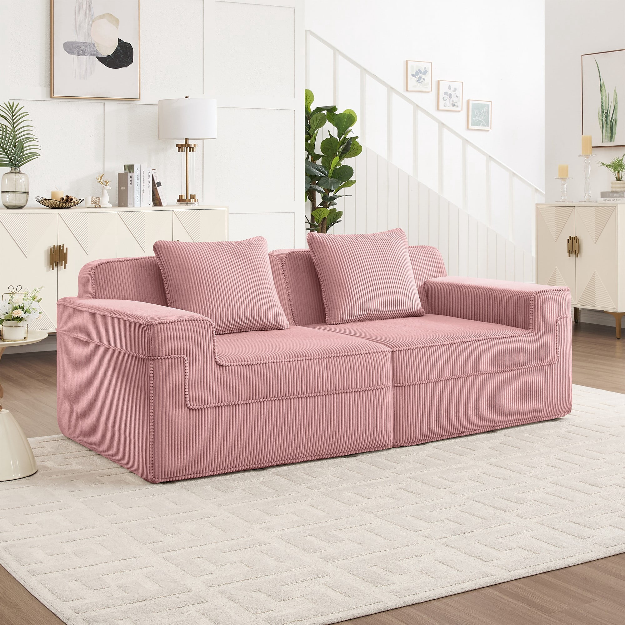 DEALTOPS 81" Modern Corduroy Floor Sofa, Modular 2-Seater Cloud Couch with Deep Seats & 2 Pillows, Pink