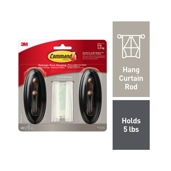 Command Curtain Rod Hooks, Bronze, 2 Wall Hooks, Damage-Free Hanging