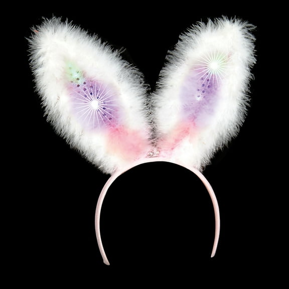 Rinco Light Up Sequin Bunny Ear LED Headband, White Pink, One Size