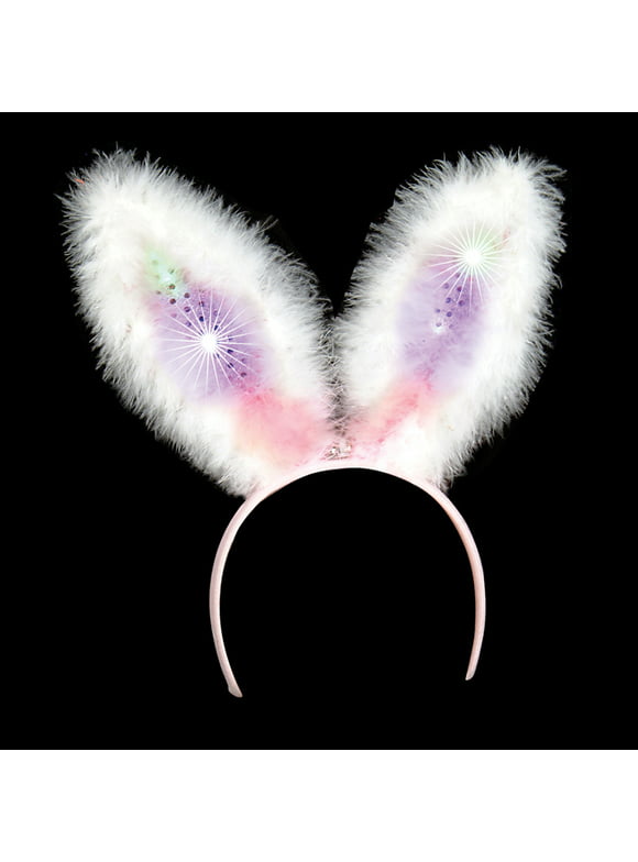 Rinco Light Up Sequin Bunny Ear LED Headband, White Pink, One Size