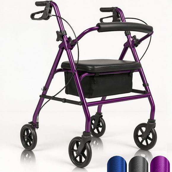 Andador ultraligero Vive Mobility con asiento: plegable, estrecho y con ruedas para personas mayores en espacios reducidos. Andador de aluminio de 4 ruedas para adultos, fácil de conducir, con accesor