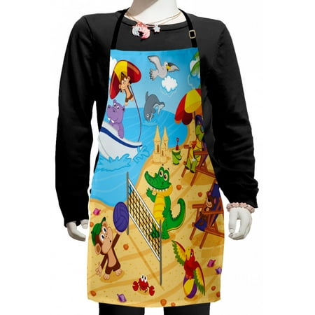 

Animal Kids Apron Cartoon Animals Playing on Beach Monkey Hippo Dolphin Exotic Summer Illustration Boys Girls Apron Bib with Adjustable Ties for Cooking Baking Painting Multicolor by Ambesonne