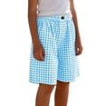 thumbnail image 3 of Girls Cotton Linen Shorts, Plaid Button Elastic Waist Bermuda Shorts with Pockets, Loose Fit Casual Summer Bottoms for Girls 4-14 Years, 3 of 9