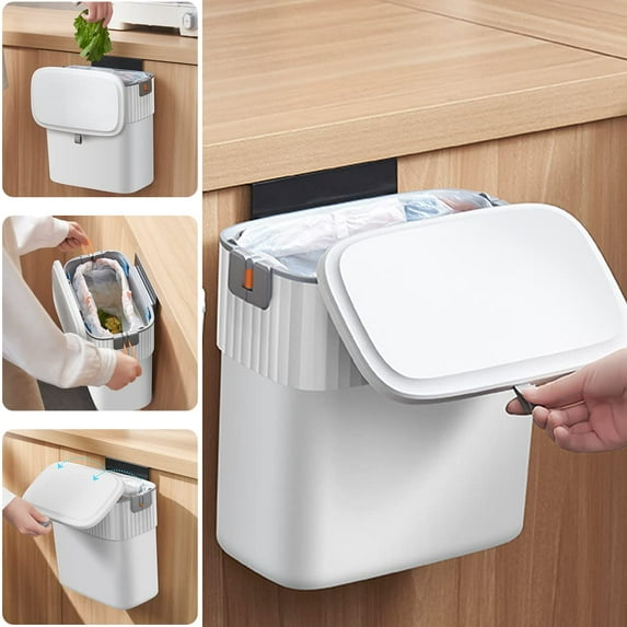 Hanging Trash Can with Lid for Kitchen Cabinet Door or Under Sink, 2.4 gal Compost Bin for Countertop, Bathroom