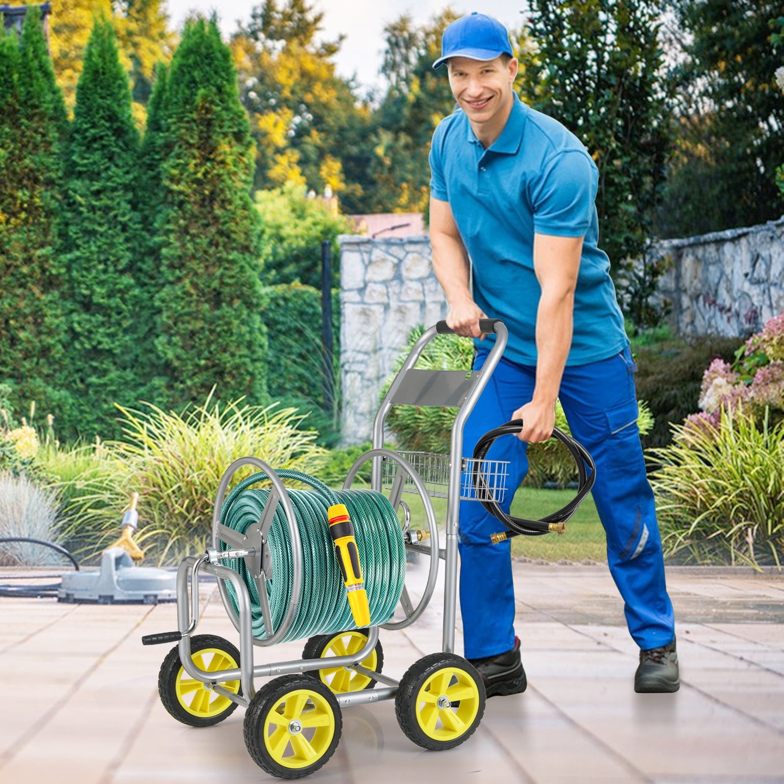 Gymax Garden Hose Reel Cart 300 FT of 5/8'' Large Capacity Heavy-Duty Metal Hose Cart Silver