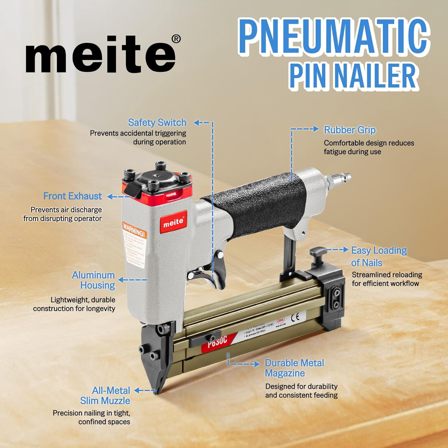 MEITE P630C Pneumatic Pin Nail Gun 23 Gauge 3/8" to 1-3/16" Length Pin Nailer