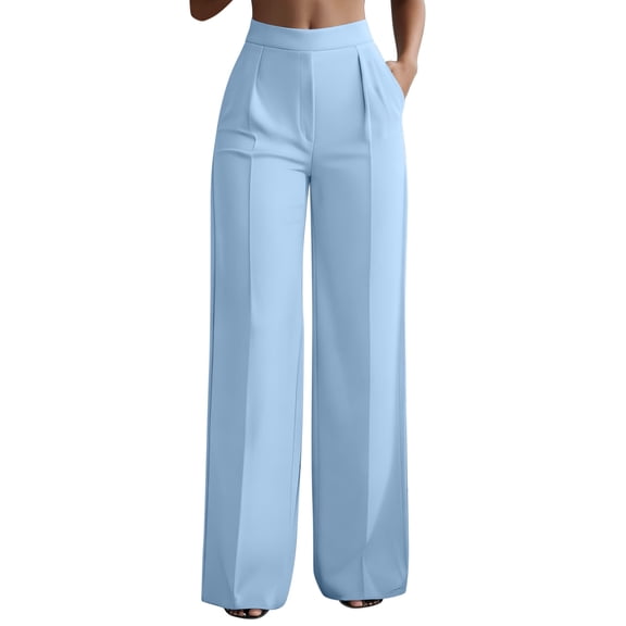 Npasoilc High Waist Elastic Wide Leg Pants for Women Straight Pleated Casual Trousers with Pockets,Blue