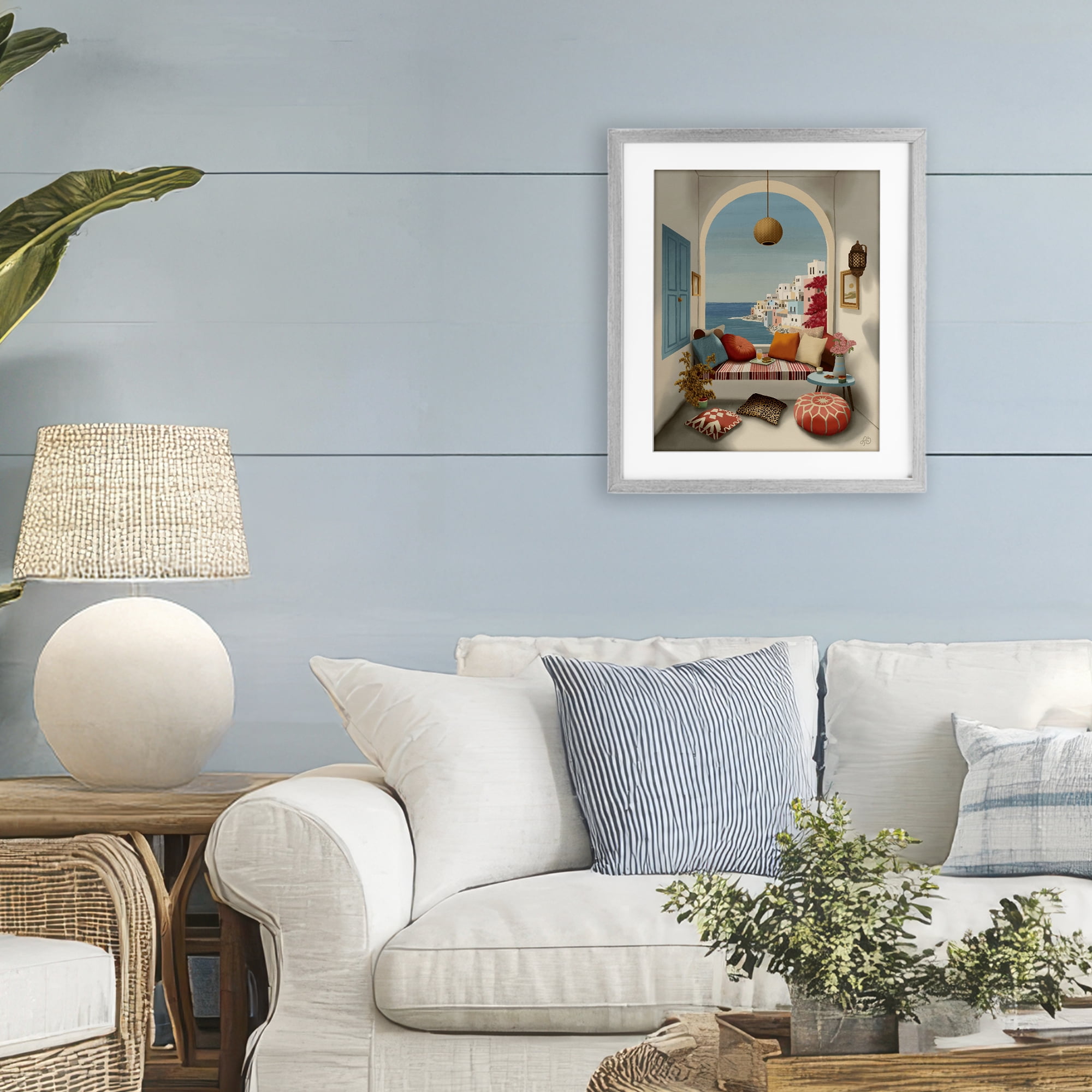 Stupell Industries Mediterranean Seaside Window View Gray Framed Print Under Glass, design by Lisa R Dumm