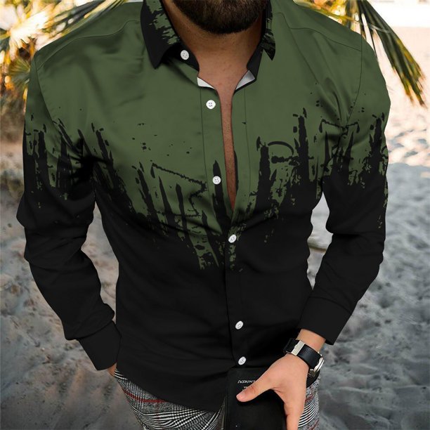Camisas hawaianas de manga larga Camisas con estampado 3D de salpicaduras de tinta Camisas de moda para hombres Blusa de playa con solapa Ropa para hombres Blusa cubana