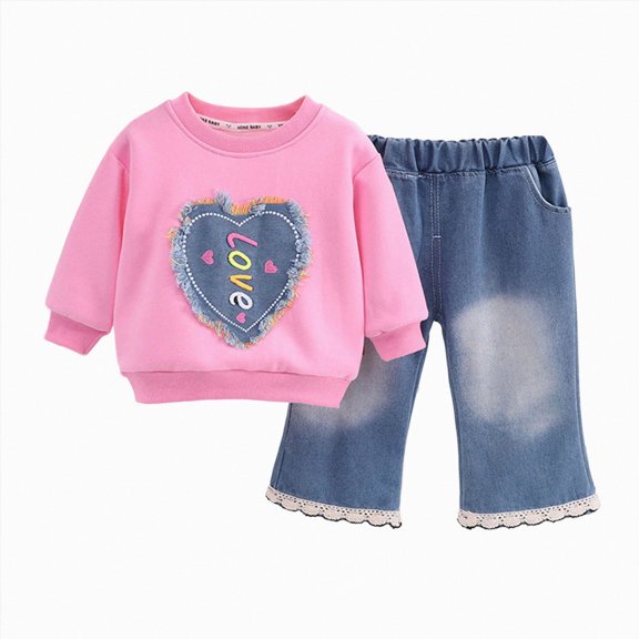 1-2 Years Toddler Baby Girl Outfit Print Long Sleeve Ruffle Sweatshirt Pants Set 2Pcs Infant Spring Clothes Girl Set Pink