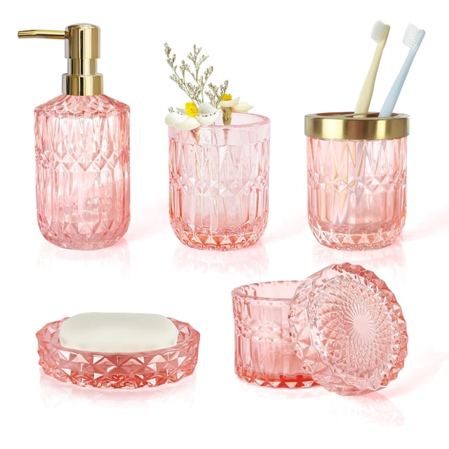 Juego de accesorios de baño LaMarriti, 5 piezas, cristal transparente, color rosa