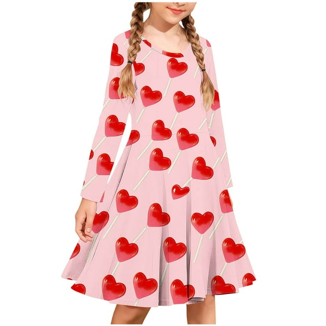 TaTaai Valentine Heart Print Long Sleeve A-Line Skater Dress, Valentine's Day Gift, Casual Party Twirly Dress Gift