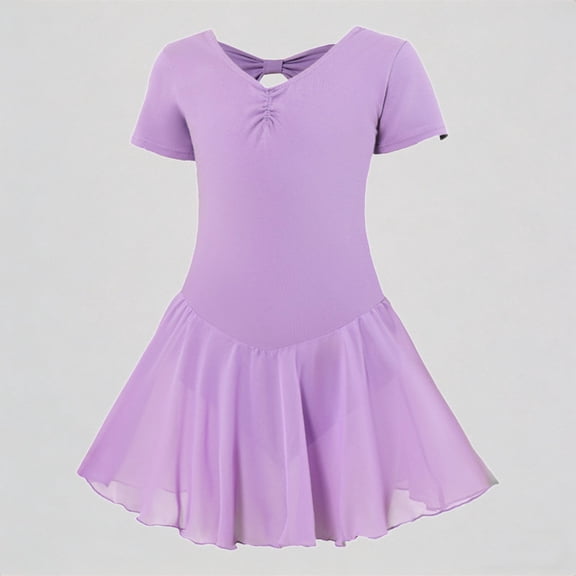 REDARER Girls' Short Sleeve Ballet Dance Dress, Keyhole Back Tutu Dress with Chiffon Skirt, Kids Leotard Dancewear,10-12 Years