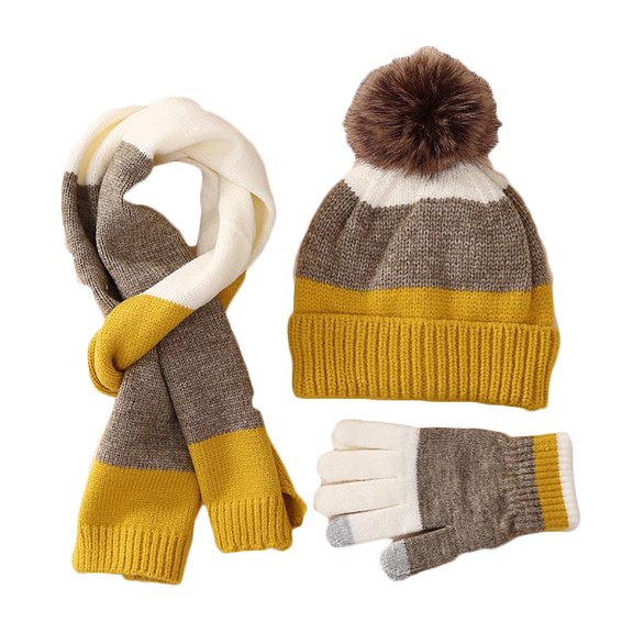 Xfvqtps Children 3PCS Beanie Scarf and Gloves Knitting Color Blocking Splicing Together Plush Pompom Windproof Coldproof Warm Winter Hat Scarf Gloves Set Yellow