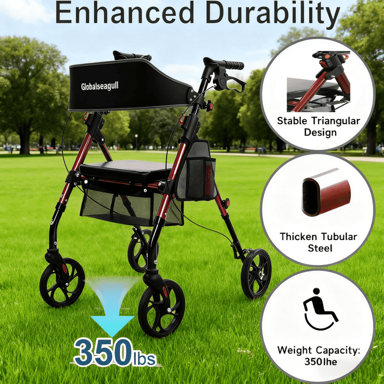GLOBALSEAGULL, Rollator Walker, Lightweight Foldable Aluminum, Red