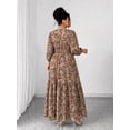 thumbnail image 2 of Coffee Brown Floral Print V-Neck Maxi Dress With Tiered Skirt, Side Slit And 3/4 Sleeves For Women, 2 of 7
