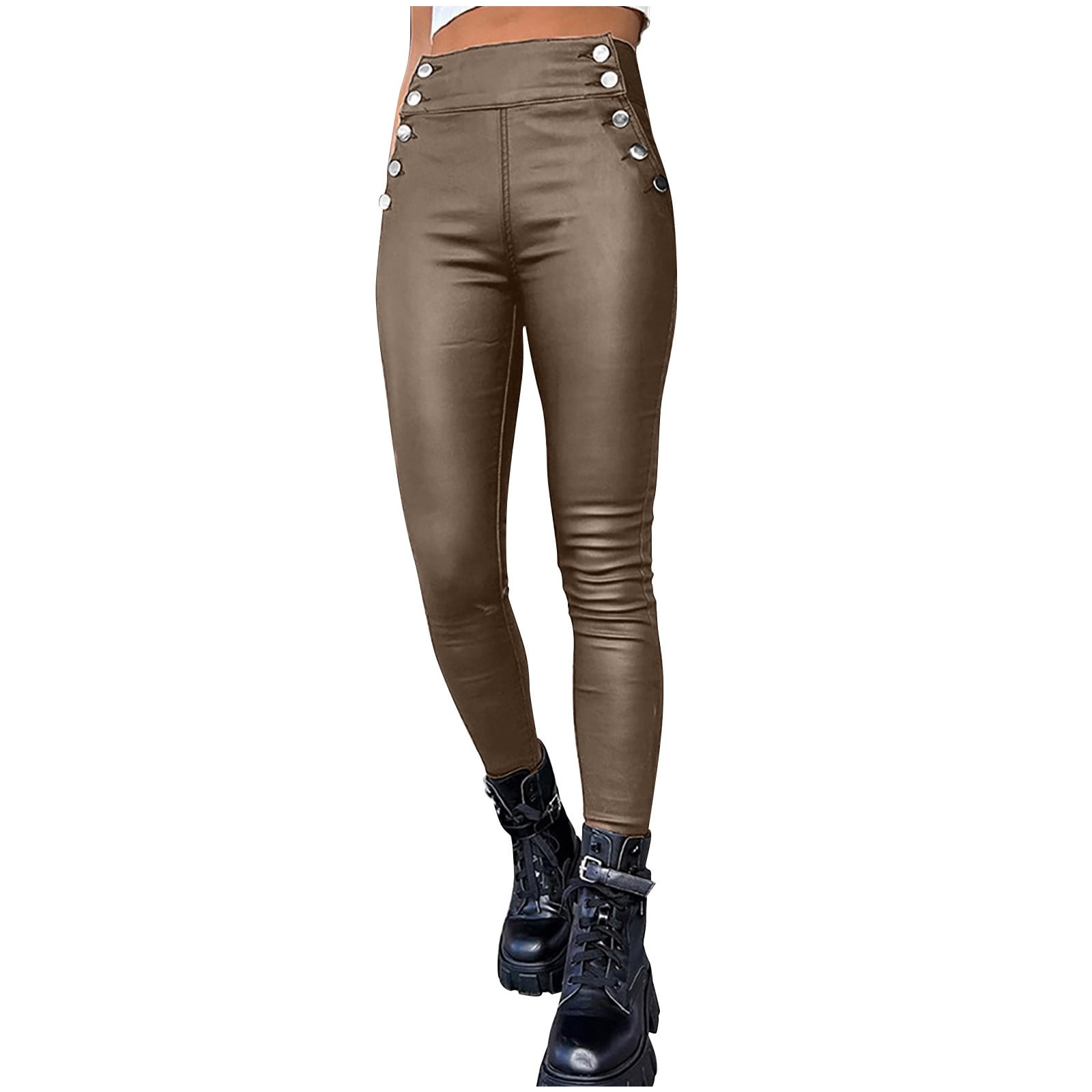 YueHuiYing Women's High-Waisted Solid-Color PU Leather Slim-Fit Butt-Lifting Long Pants