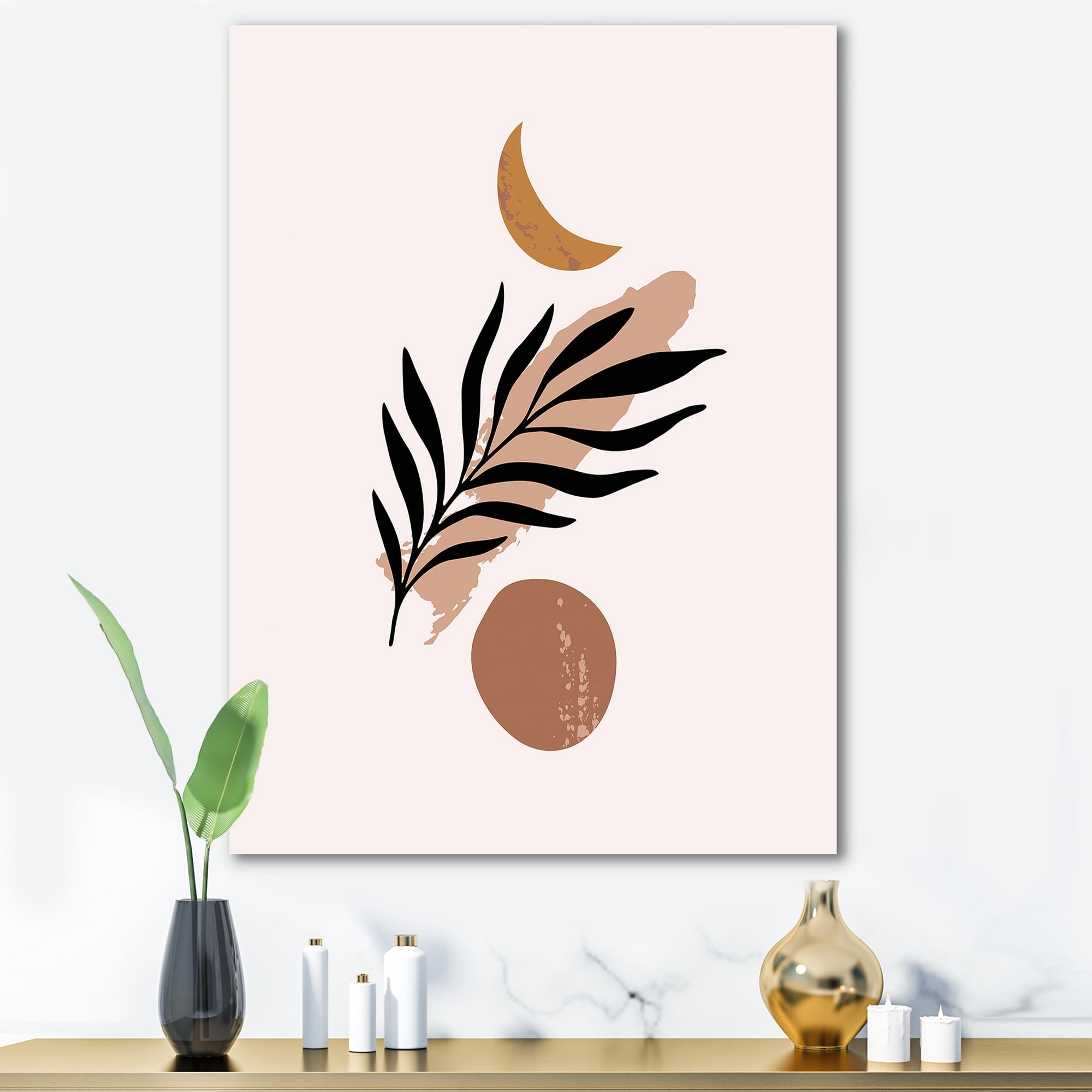 Abstact Tropical Palm Leaf, Minimal Sun And Moon I 8 in x 12 in Painting Canvas Art Print, by Designart
