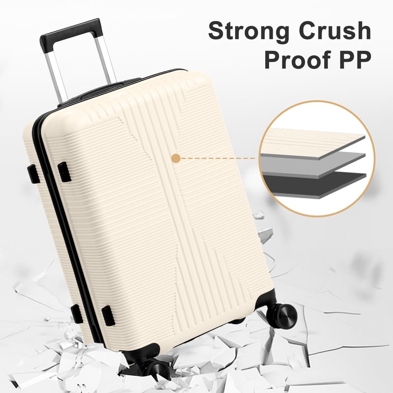 Alikpop 20 Inch Hardside PP Carry-On Luggage, Off-White Lightweight Spinner Suitcase with Non-TSA Lock