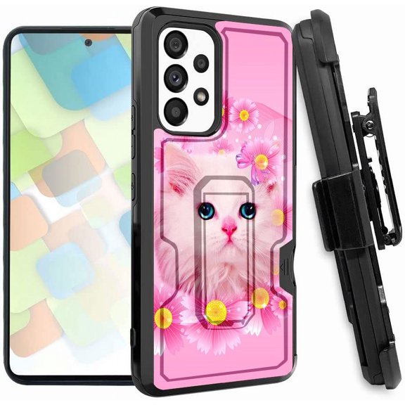 ANJ  Rugged Dual Layered Holster Case w/Kickstand, Card Slot Case   Tempered Glass Cover for Samsung Galaxy A53 5G - Pink Kitty