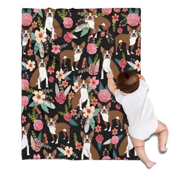 Boston Terrier Dog with Pioneer Flower Blanket,Comfortable Soft Lamb Wool Throw Blanket,All Season,Warm Lightweight Blankets for Sofa Bed Couch Living Room Chair,30"x40"