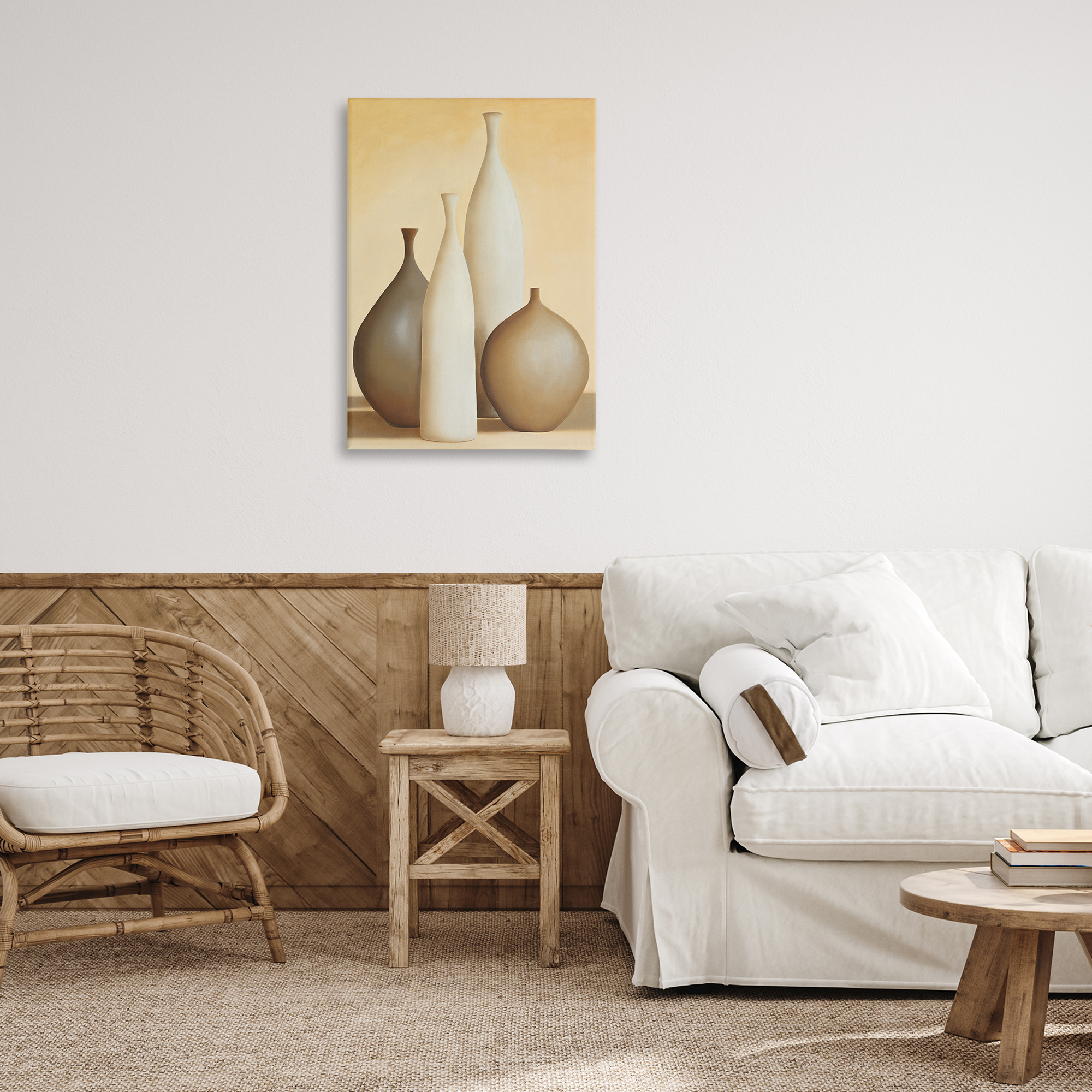 Stupell Industries Neutral Pottery Bottles Furniture Painting Wrapped Canvas Art Print Wall Art, 20 x 30