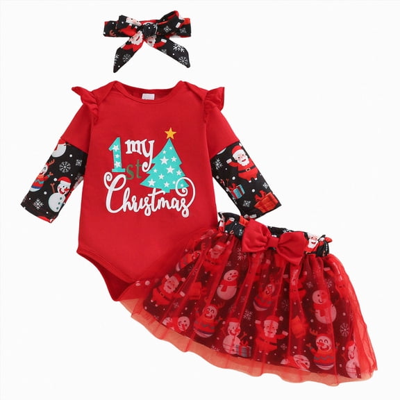 sdbrld Preemie Baby Girls Christmas Outfits Long Sleeve Romper & Tulle Skirt & Headband 3 Pcs Shower Gift for Newborn Red Sizes 12-18 Months