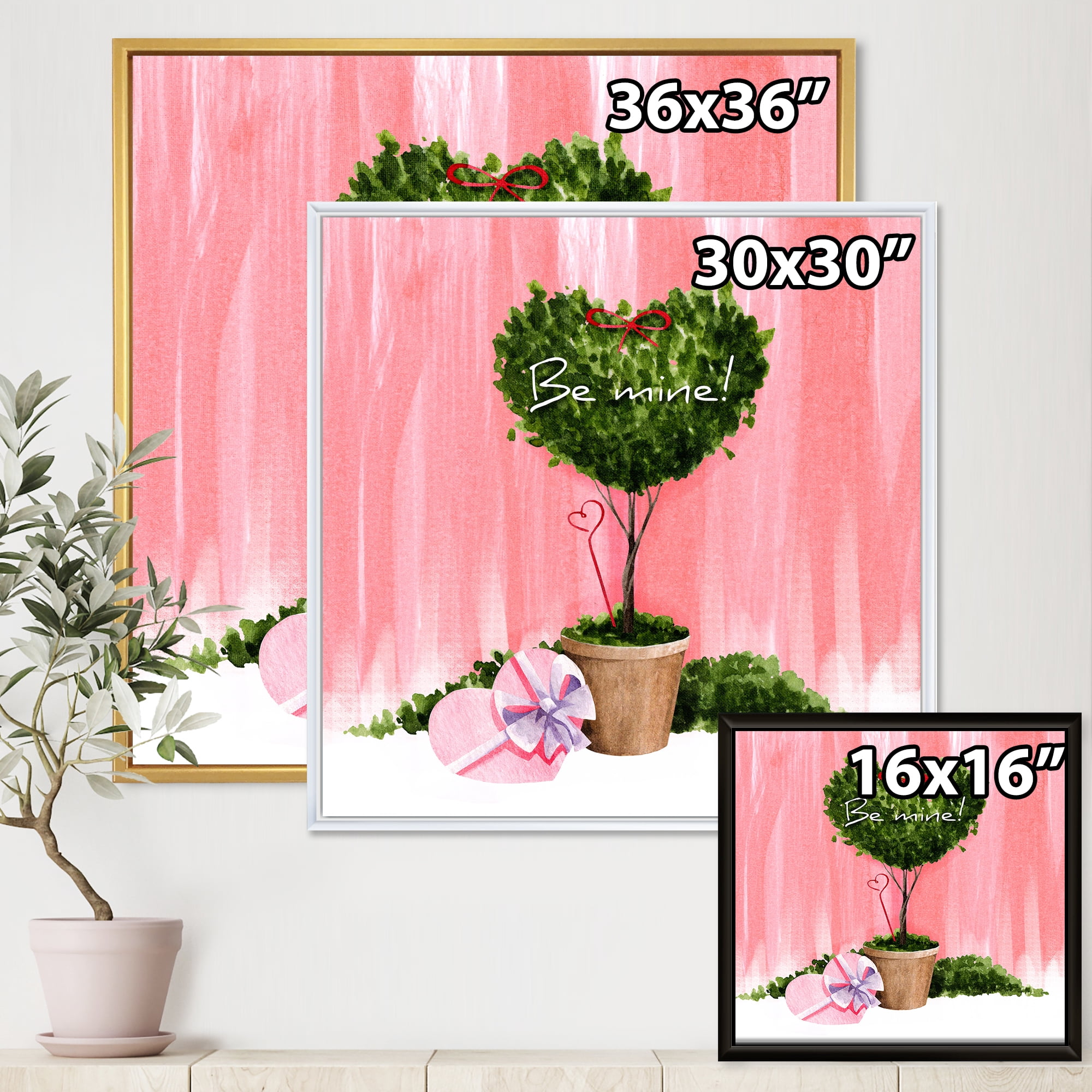 Designart 'Be Mine Heart Shaped Valentine House Plant' Farmhouse Framed Canvas Wall Art Print