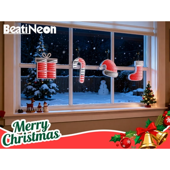 Beatineon 4-Piece Double Sided Christmas Infinity Light Set, Sock Hat Cane Gift Box Shapes with Mirror Effect, Indoor Decor for Wall Window, Steady Red White Light