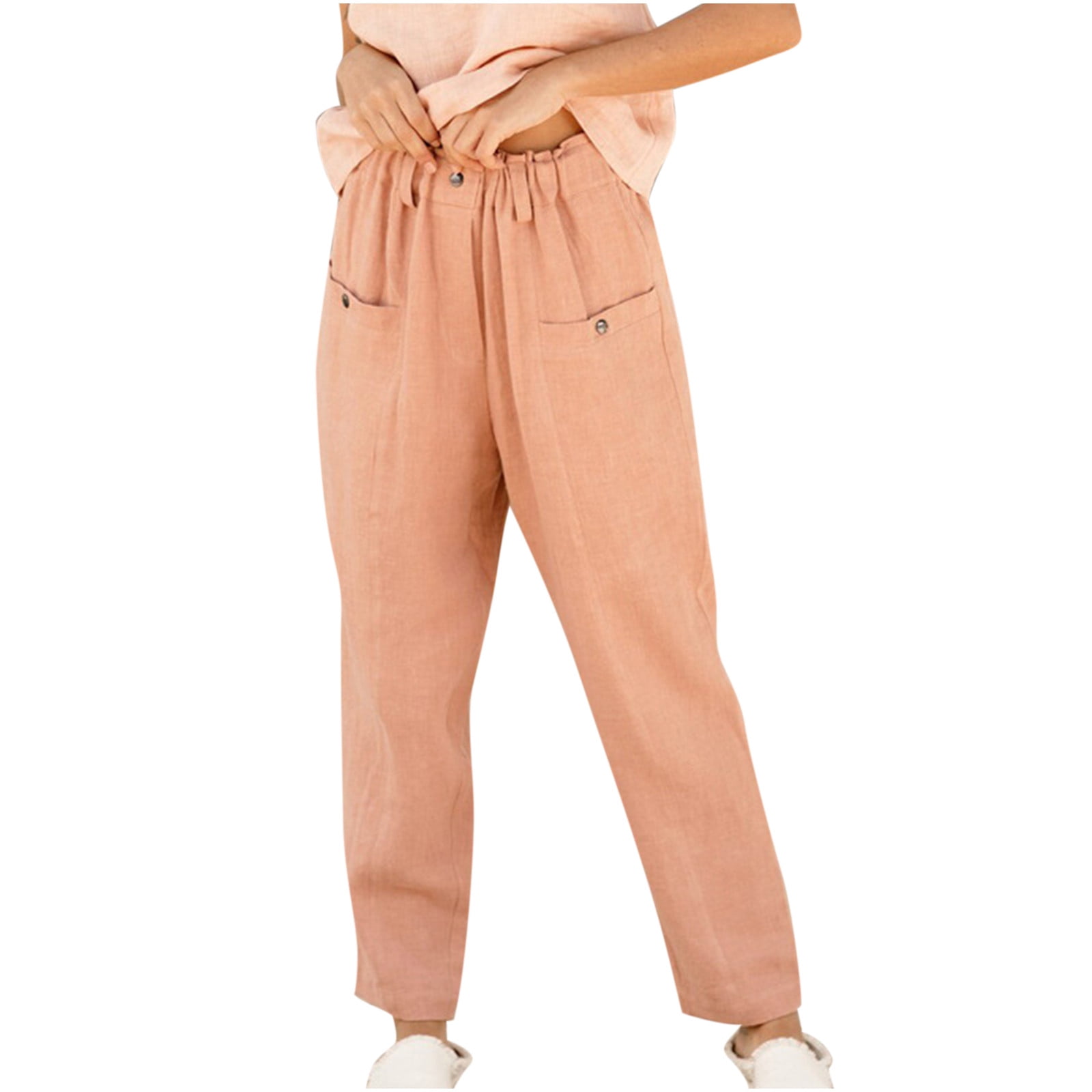 Timegard Womens Cotton Linen Pants Elastic Waist Pants Fall Casual Solid Color Trousers with Pockets