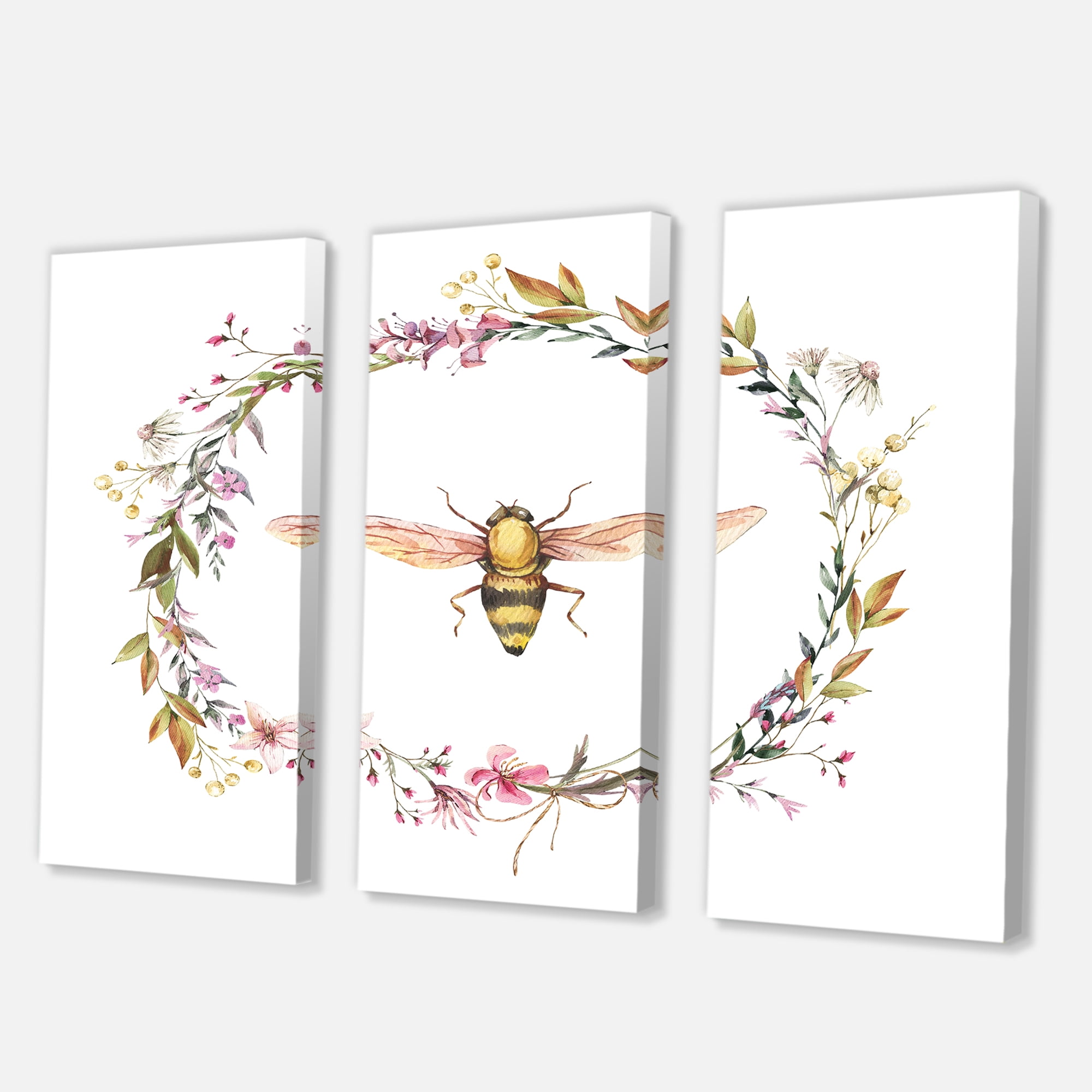 Designart ' Wildflowers Wreath and A Bee ' Farmhouse Canvas Wall Art Print