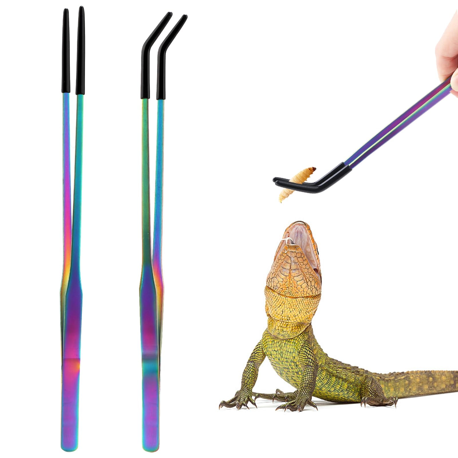 2 Pack Stainless Steel Reptile Feeding Tongs with Rubber Tip, 10.6" Straight & Curved Tweezers for Aquariums & Crafts, Feeder Tools for Bearded Dragons & Lizards, Terrarium Tank Supplies