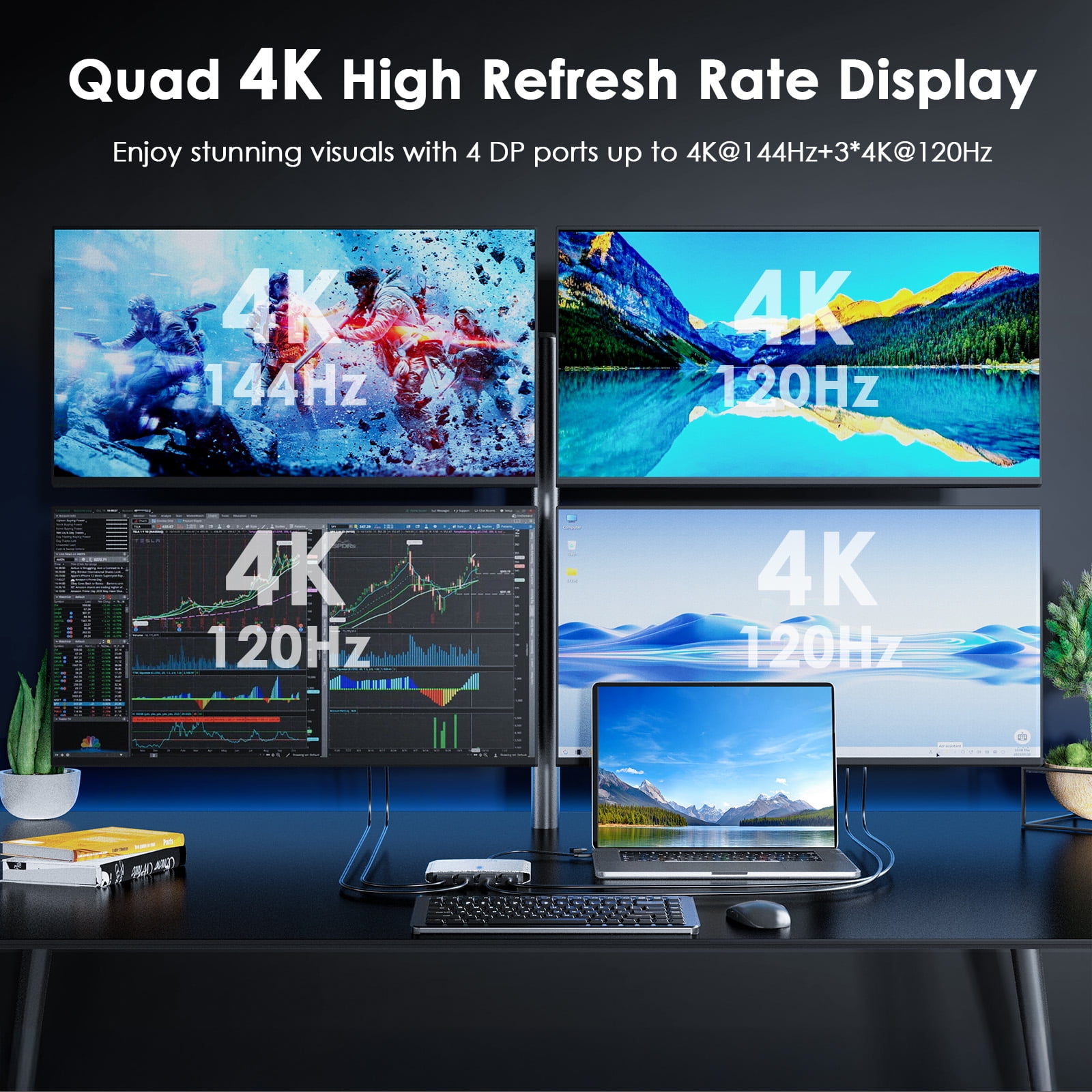 WAVLINK Quad 4K@120Hz/Dual 8K Universal Display Adapter, Compatible with MacBook Neo, DisplayLink DL7400, 4 DisplayPort, with 85W Upstream Charging, Supports Multiple Monitors for Intel/Mac&Windows