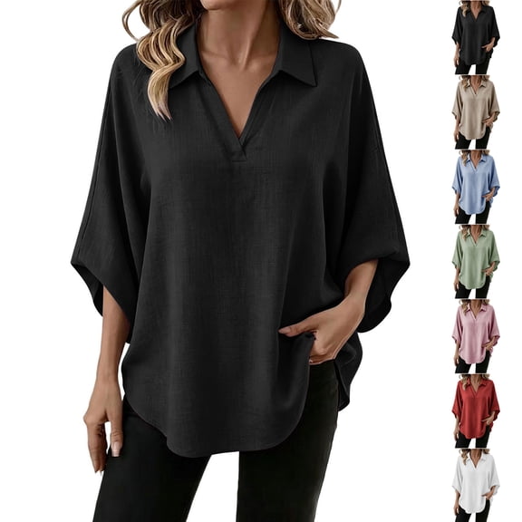 TGSLY Women's 3/4 Dolman Sleeve Tops Lightweight Thin Casual Collared V Neck Blouses Oversized Casual Curved Hem Solid Color Shirts S