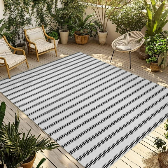 Fsddascl Black Striped Outdoor Rug for Patio/Deck/Porch, Non-Slip Large Area Rug 4 x 6 Ft, Black White Stripes Farmhouse Indoor Outdoor Rugs Washable Area Rugs, Reversible Camping Rug Carpet Runner