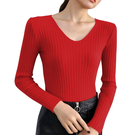 HAPIMO Women's Stretch Knit Tops Slim Fit Cropped Shirts Lightweight Casual Workout Blouses Long Sleeve V Neck Pullover Tops Red Free Size