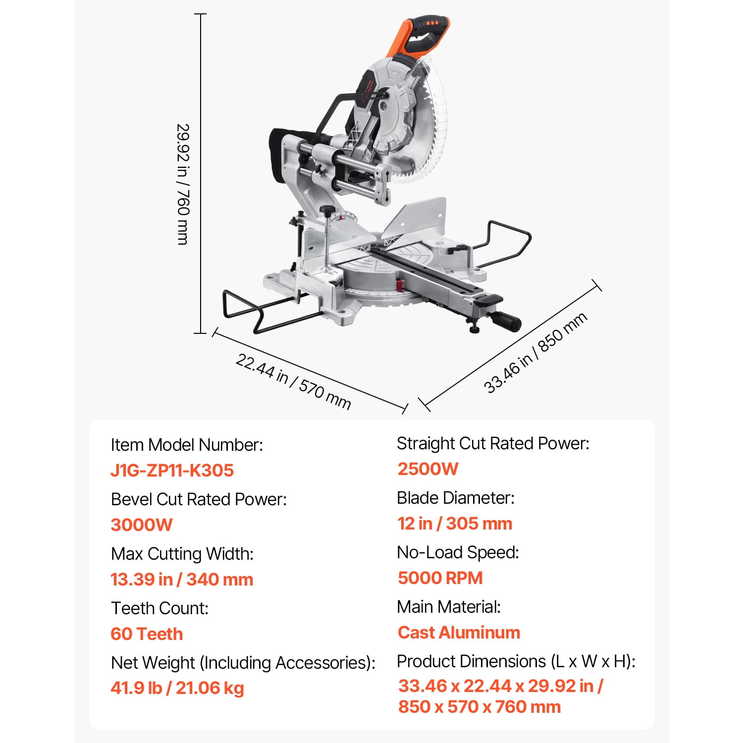 KFFKFF Compound Miter Cutter, Blade of 12 Inches, Motor of 15 Amp, 60-Tooth, Corded Dual Bevel Sliding Miter Cutter, LED for Accurate Alignment, Adjustable Angle, Suitable for Wood