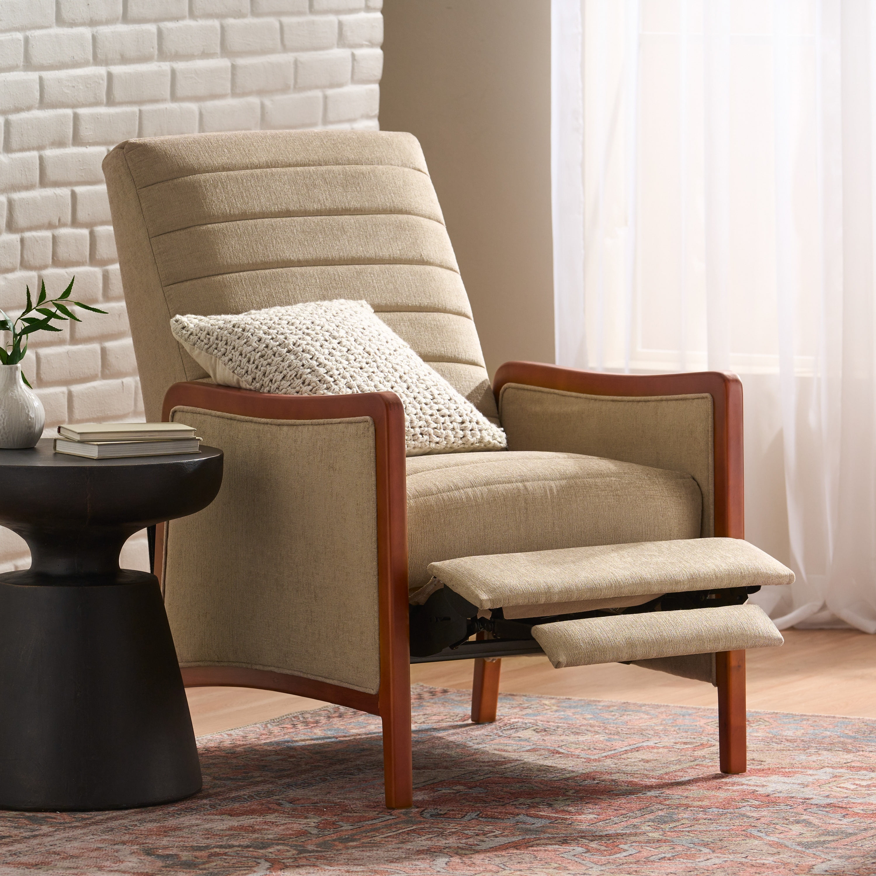 Euroco Mid-Century Modern Push Back Recliner Chair with Birch Wood Frame and Channel Tufted Upholstery, Lounge Accent Chair