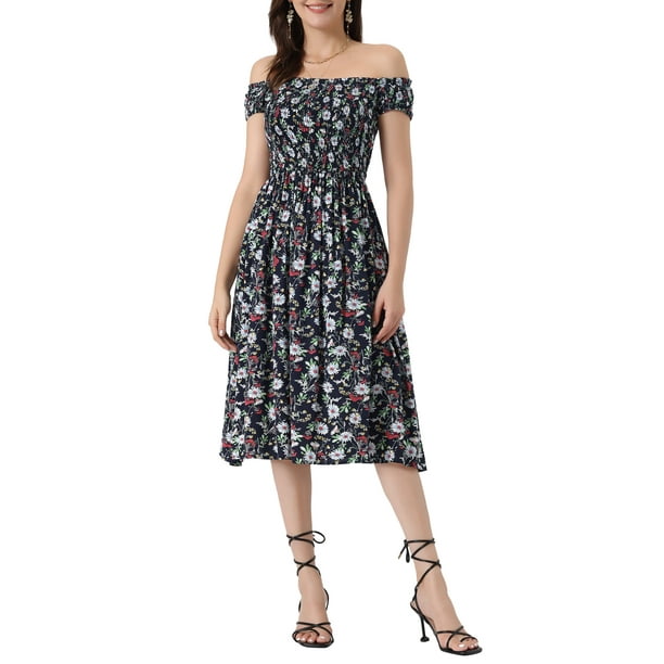Vestido sin mangas de flores con fruncido INSPIRE CHIC para mujeres, vestido corto de verano sin hombros, azul oscuro XS