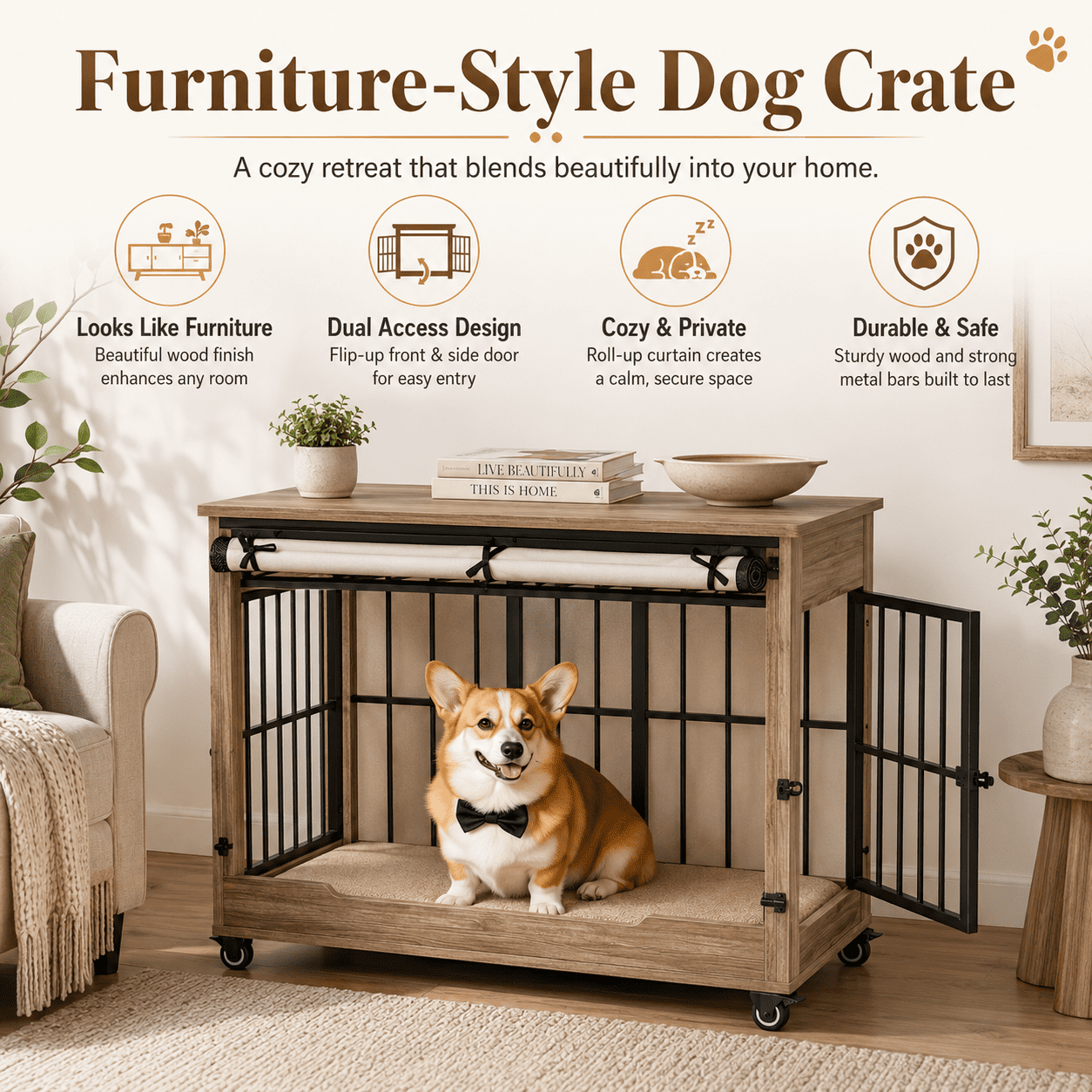 Aukfa 32.5-Inch Large Dog Crate Furniture, Indoor Dog Kennel Decorative Pet Cage End Table, Lift-Up Door, Curtain & Wheels,Greige