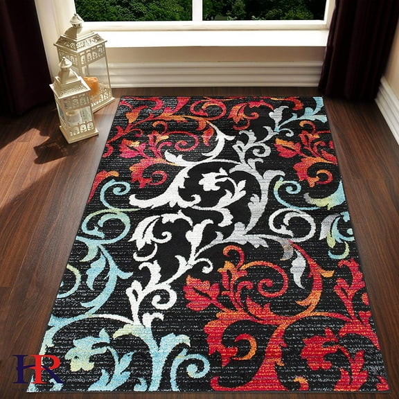 Turquoise/Ivory/Orange/Red/Black -Faded, Allover Floral Distressed Area Rug Swirls Area Rug Abstract, Floral