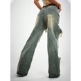 thumbnail image 2 of Women's Mid Rise Wide Leg Jeans Extreme Distressed Vintage Washed Denim Pants Y2K Retro Streetwear, 2 of 6